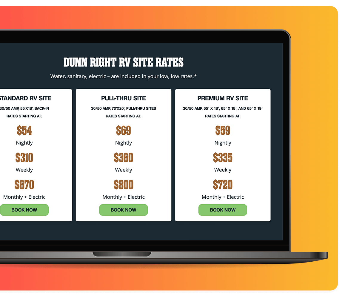 Dunn Right RV Park site rates on a laptop
