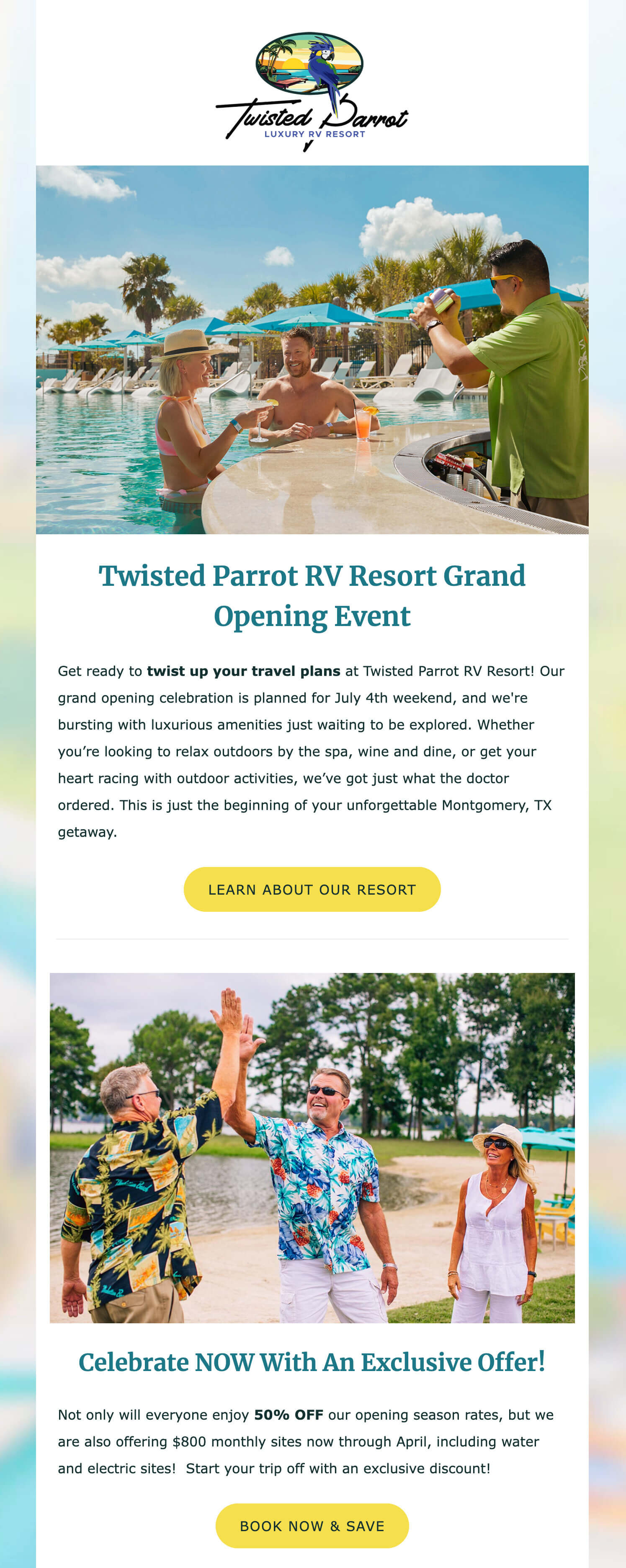 Twisted Parrot Luxury RV Resort website campaign archive page